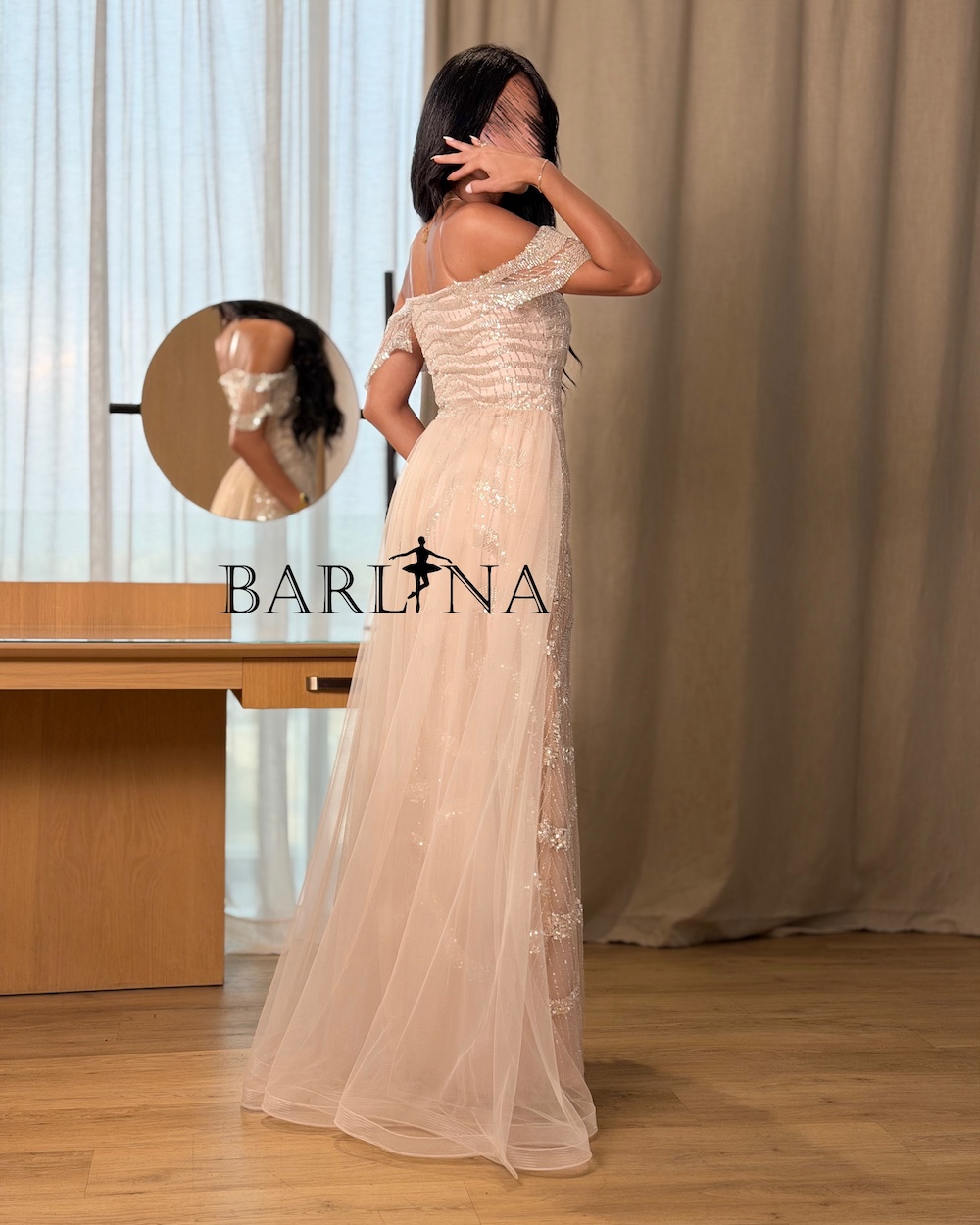 Evening dress with off-the-shoulder embroidery