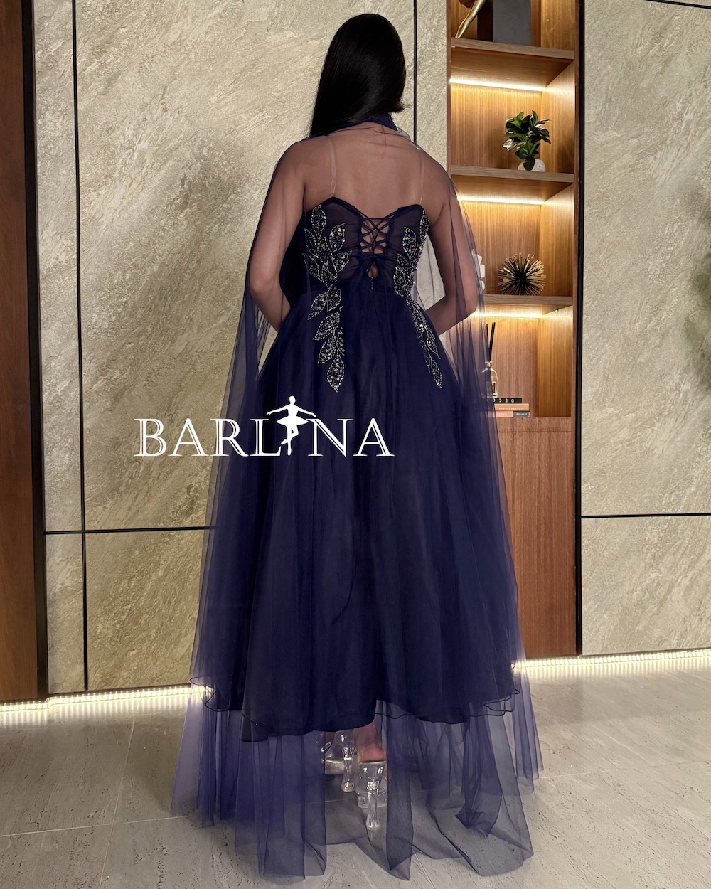 Navy blue evening dress with a separate sheer tulle piece