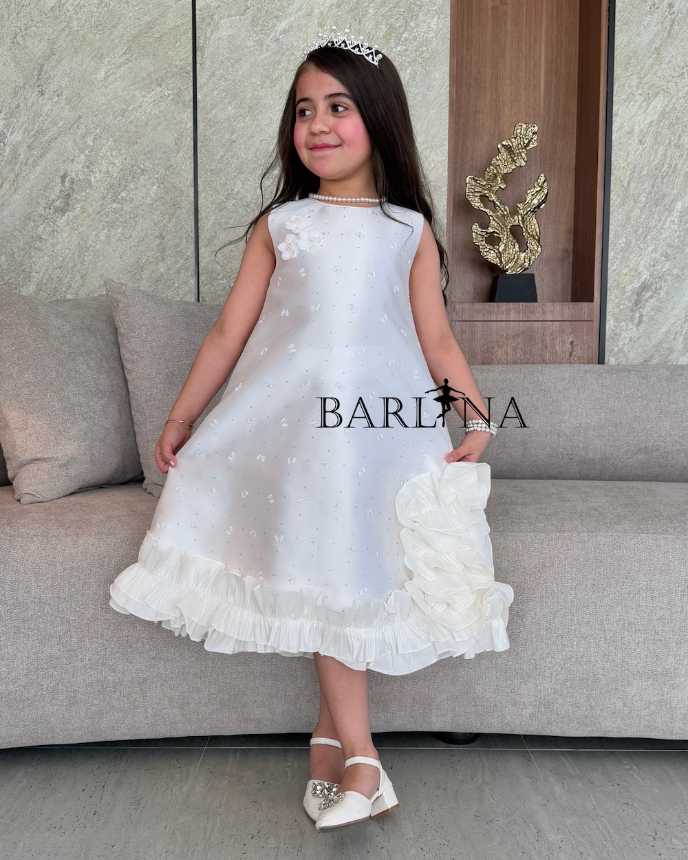 Girls white evening dress with ruffles