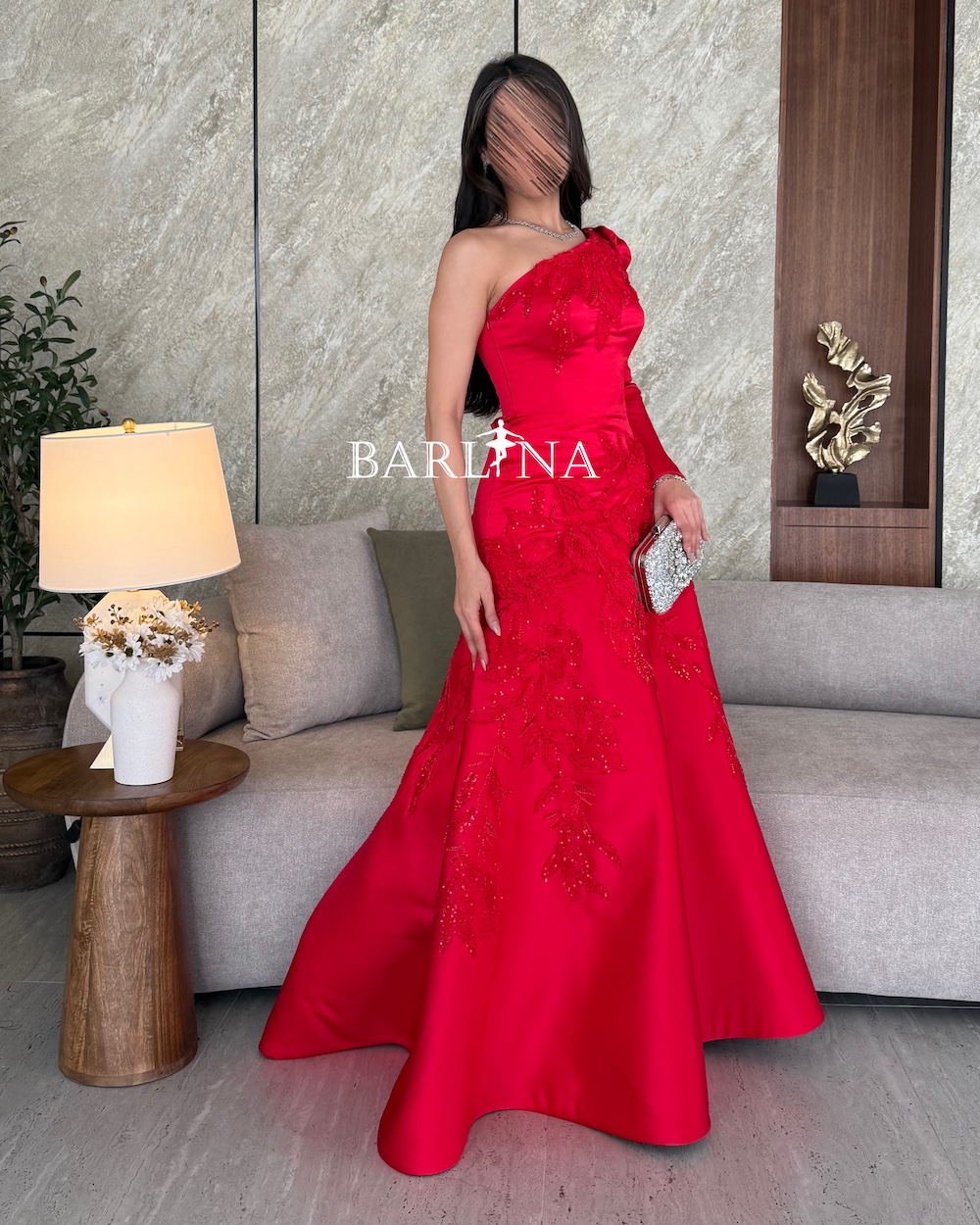 Bright red one-sleeve evening dress