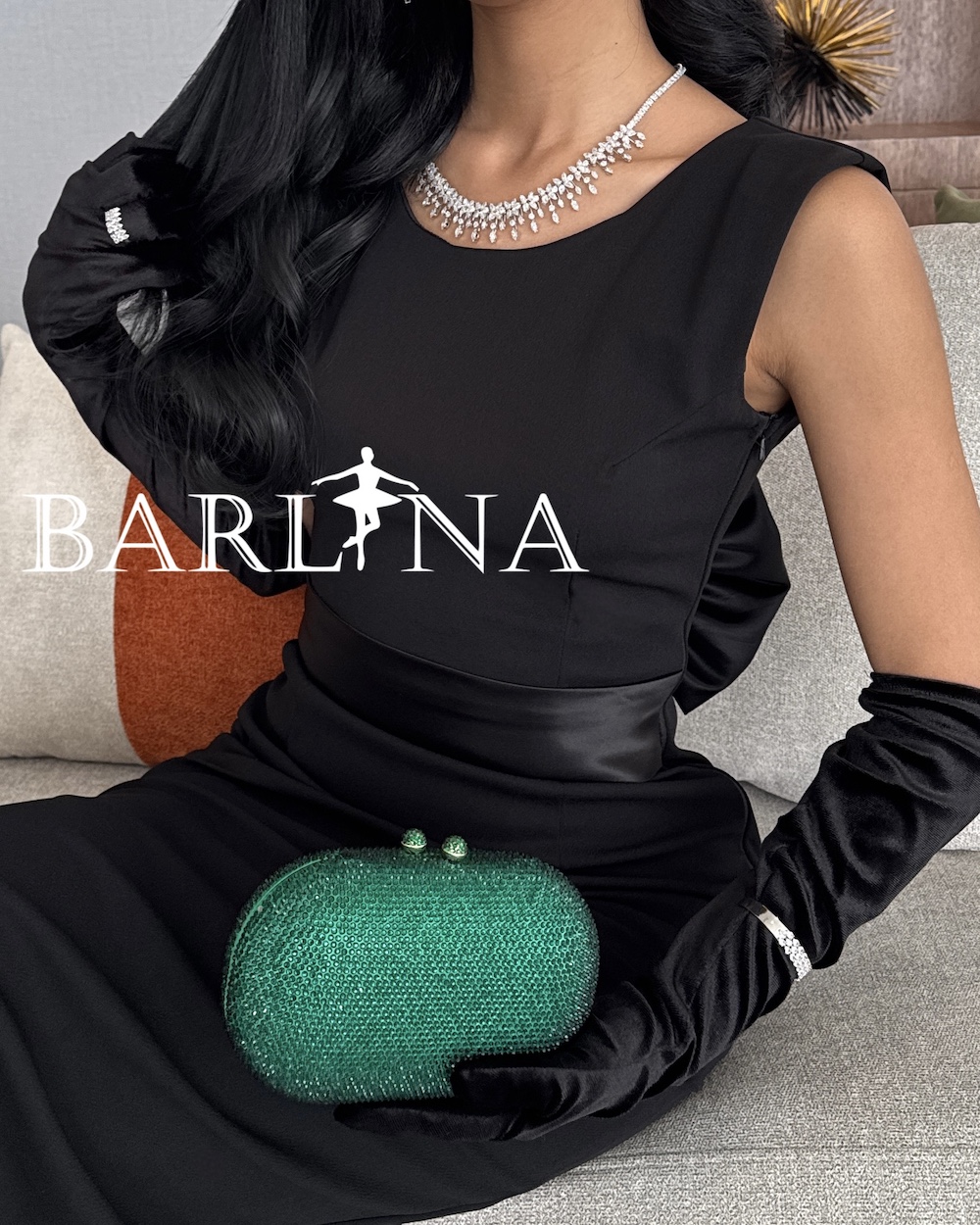 Classic black backless dress with gloves