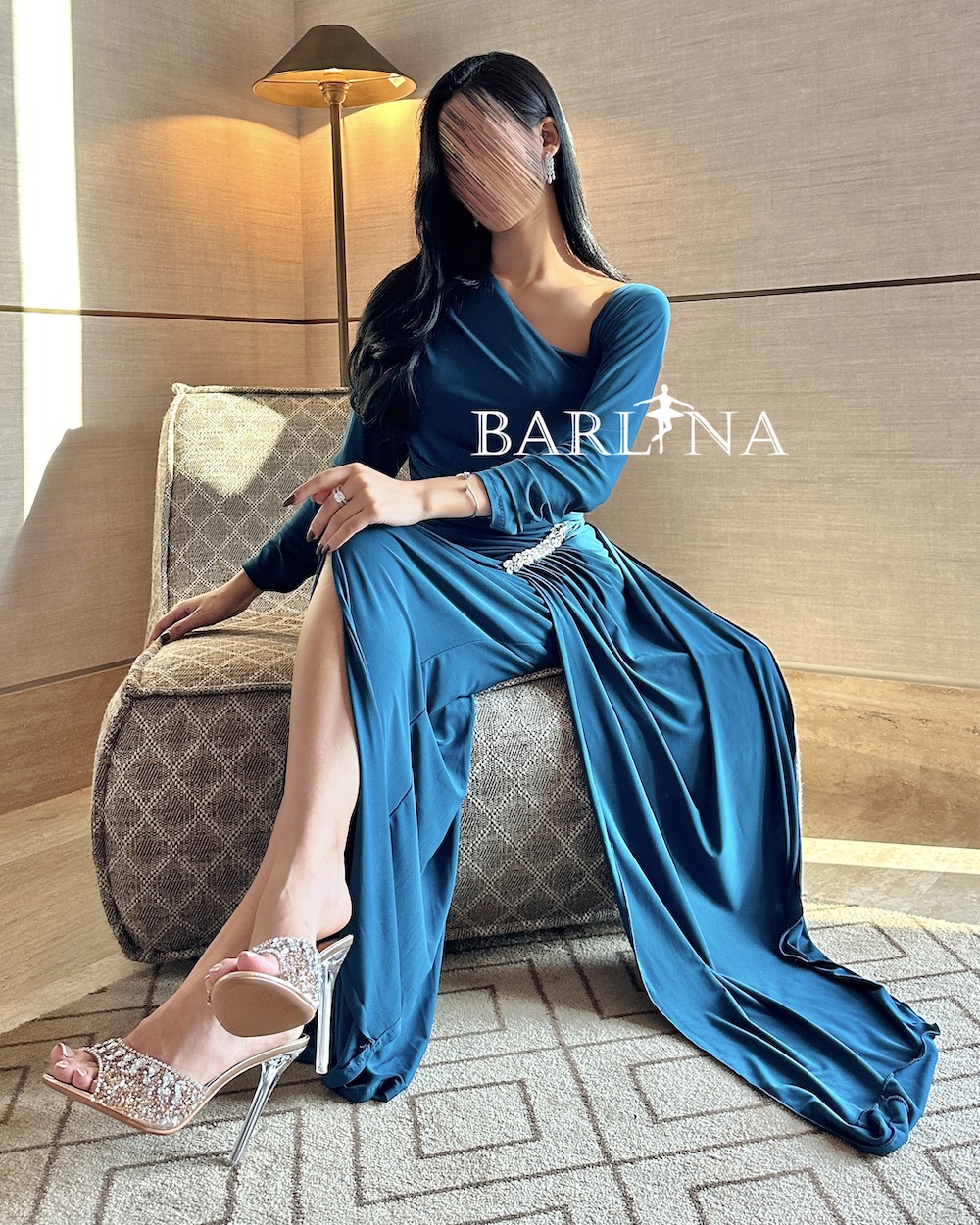 Petrol Draped Long Sleeve Dress