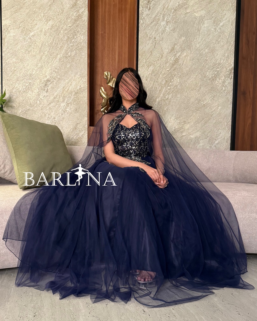 Navy blue evening dress with a separate sheer tulle piece