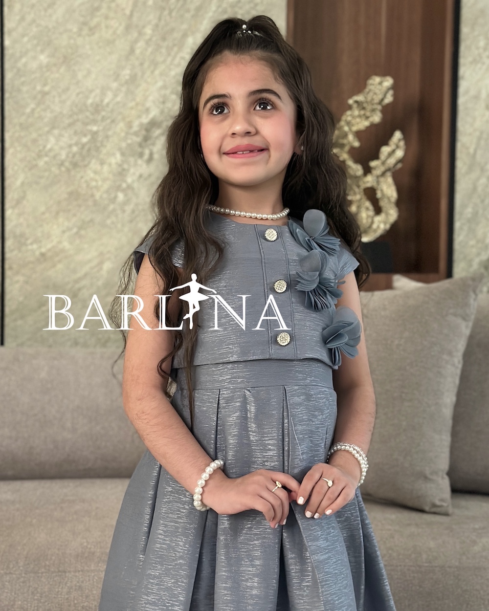 Girls grey dress with shiny buttons and flowers