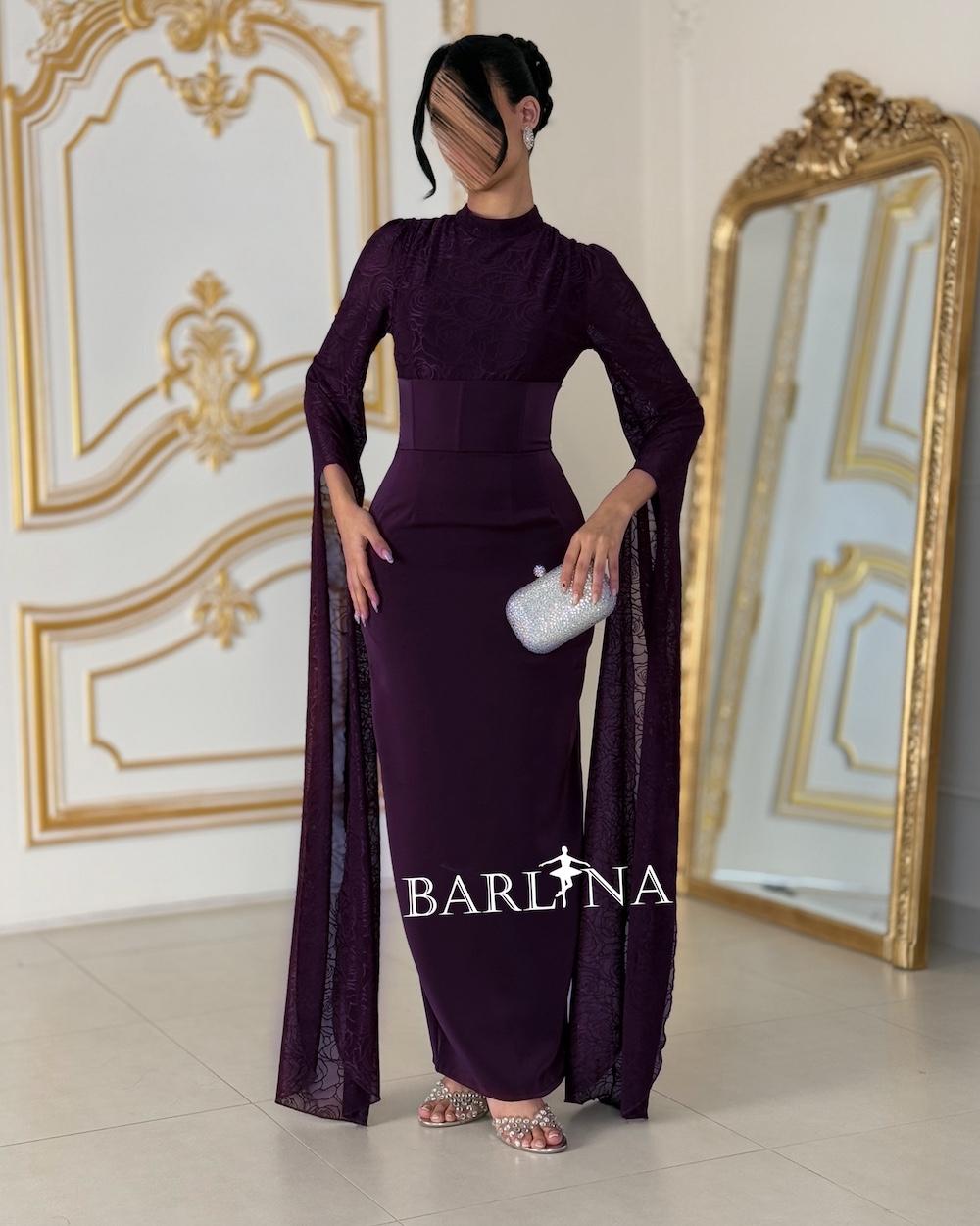 Long dress with sheer, draped sleeves