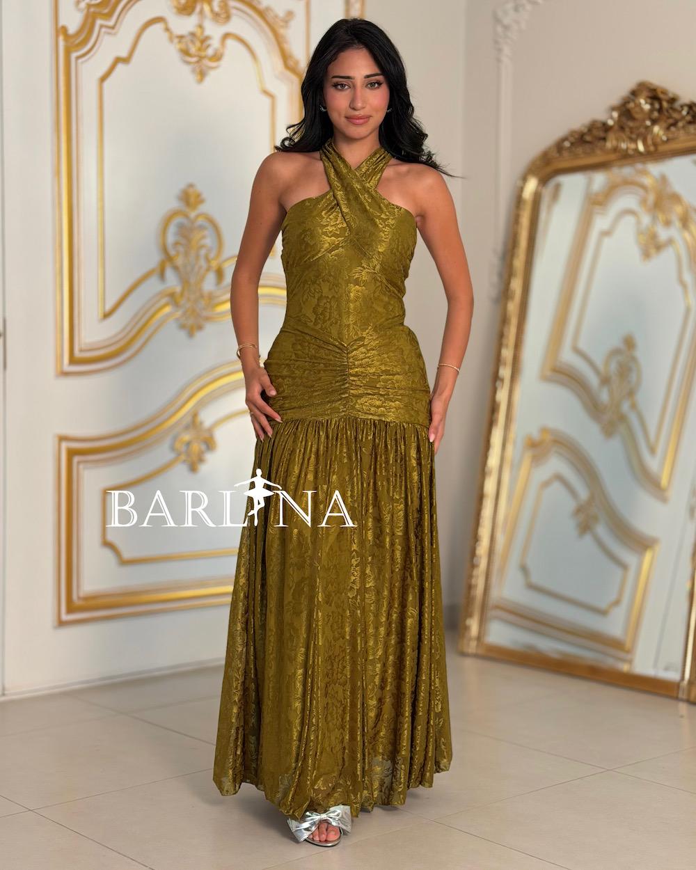 Halter neck evening dress with patterned fabric