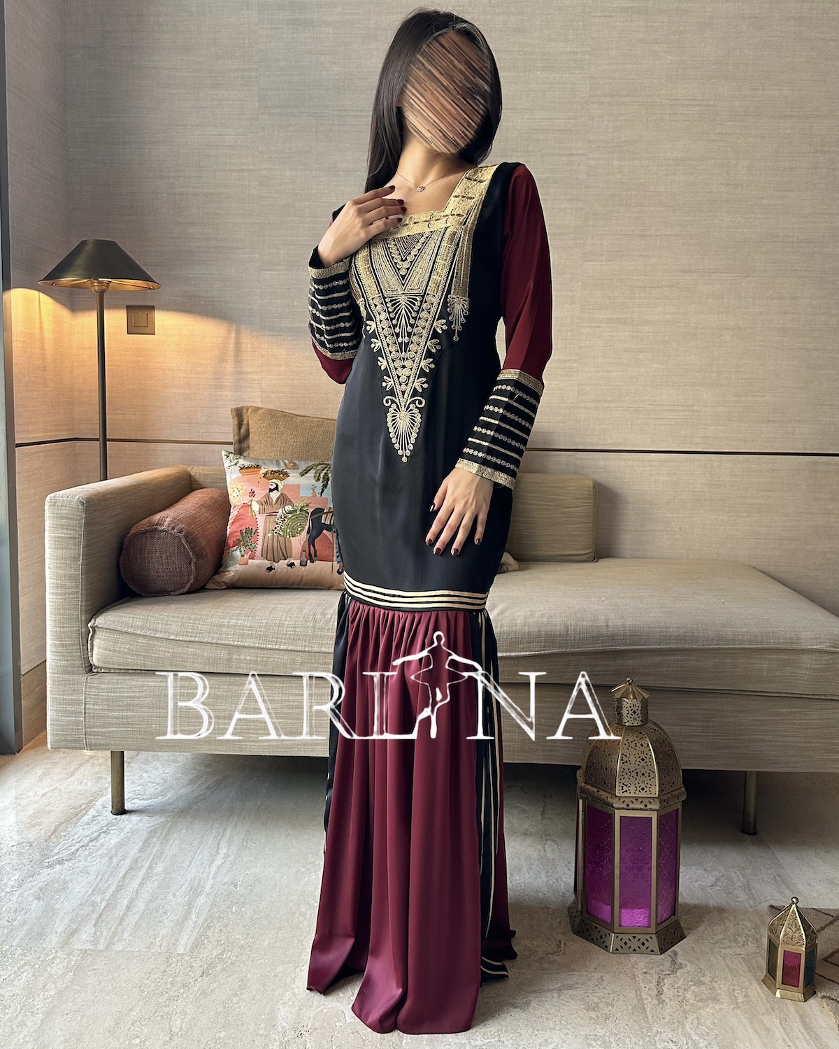 جلابية عسيرية عنابية بتطريز - XL