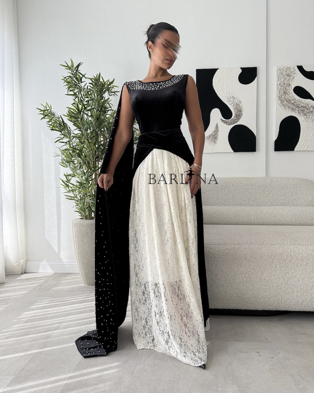 Elegant black velvet dress with cream lace