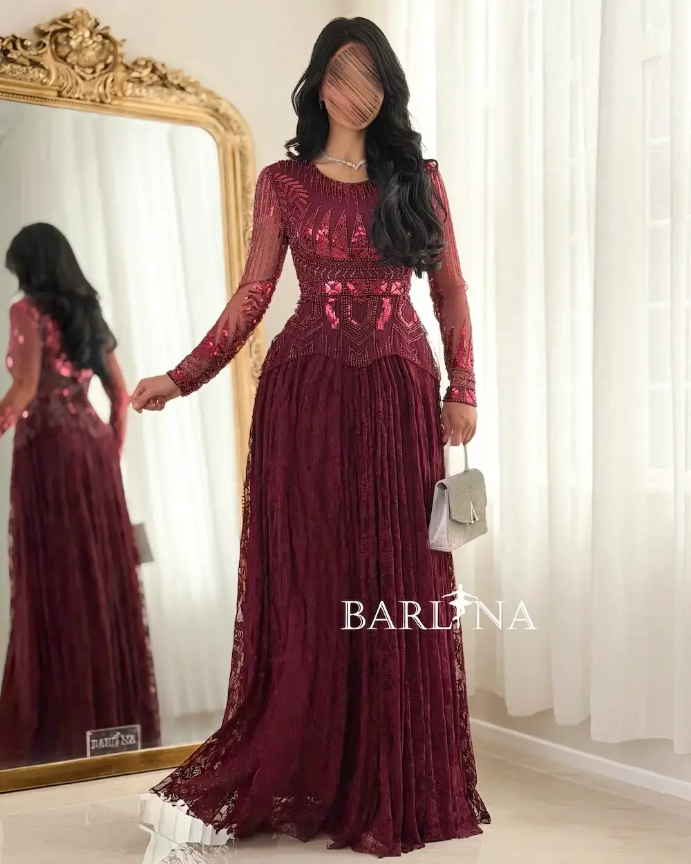 Lace evening dress with embroidered bodice