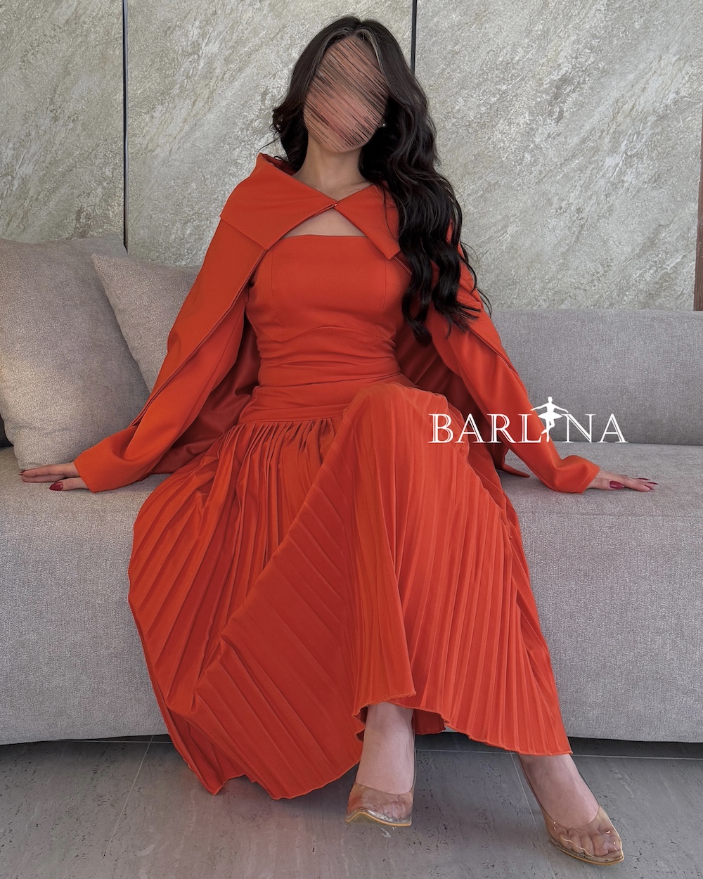 open lace back dress Open Sleeves Embroidered Crepe Dress Orange / US 10