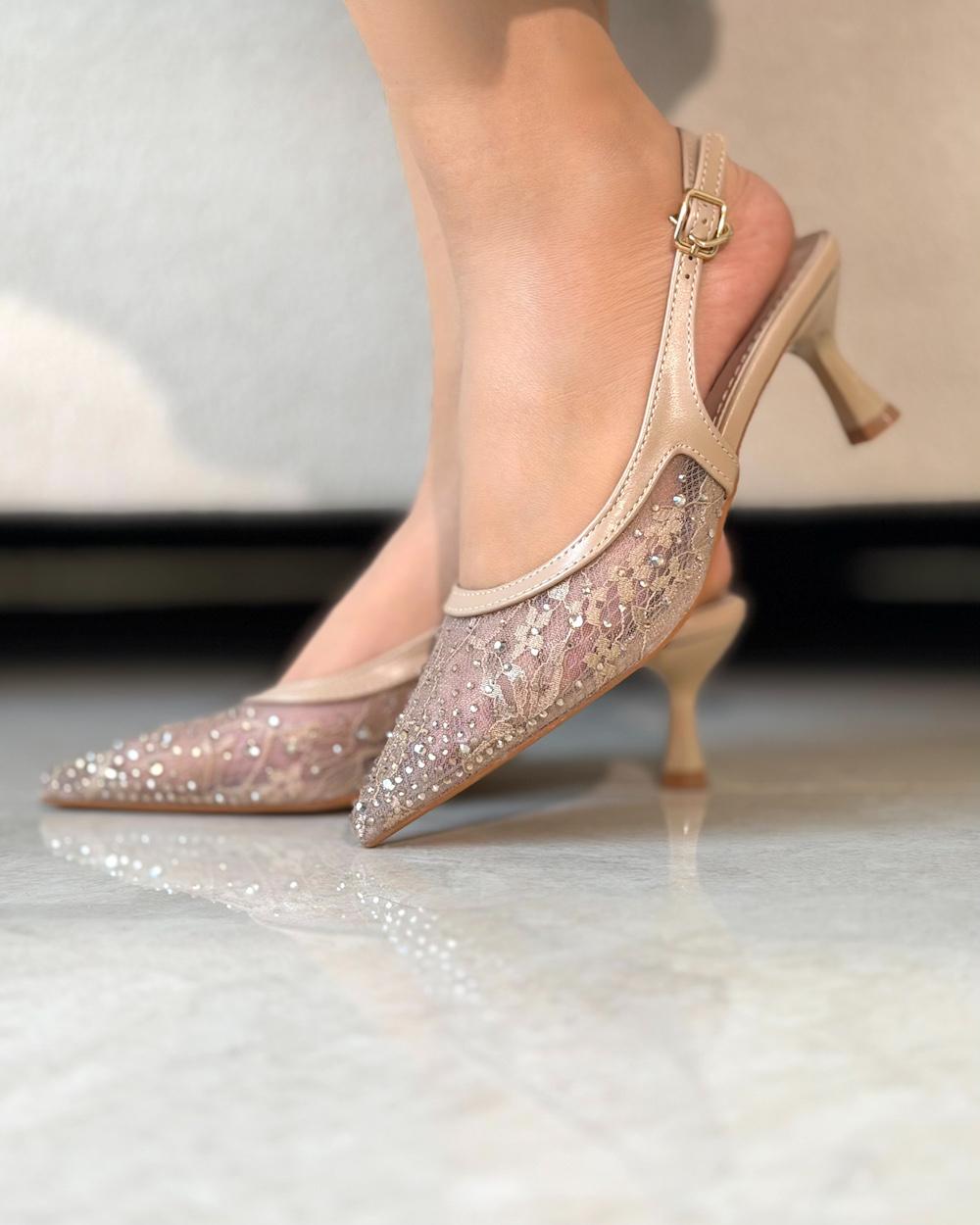 Evening heels with a transparent design embroidered with crystals