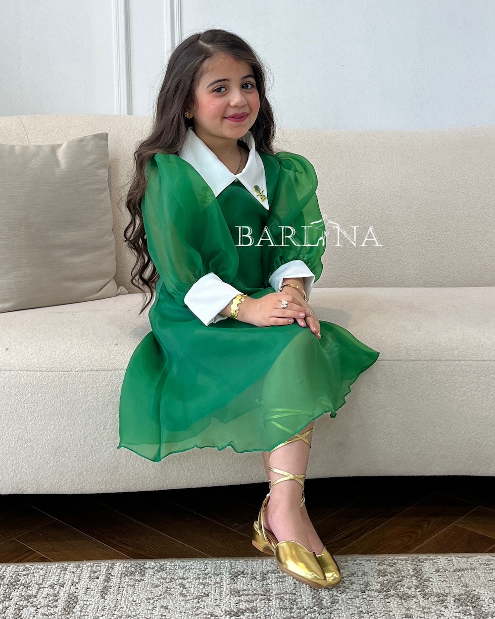 Girls green organza dress with white collar
