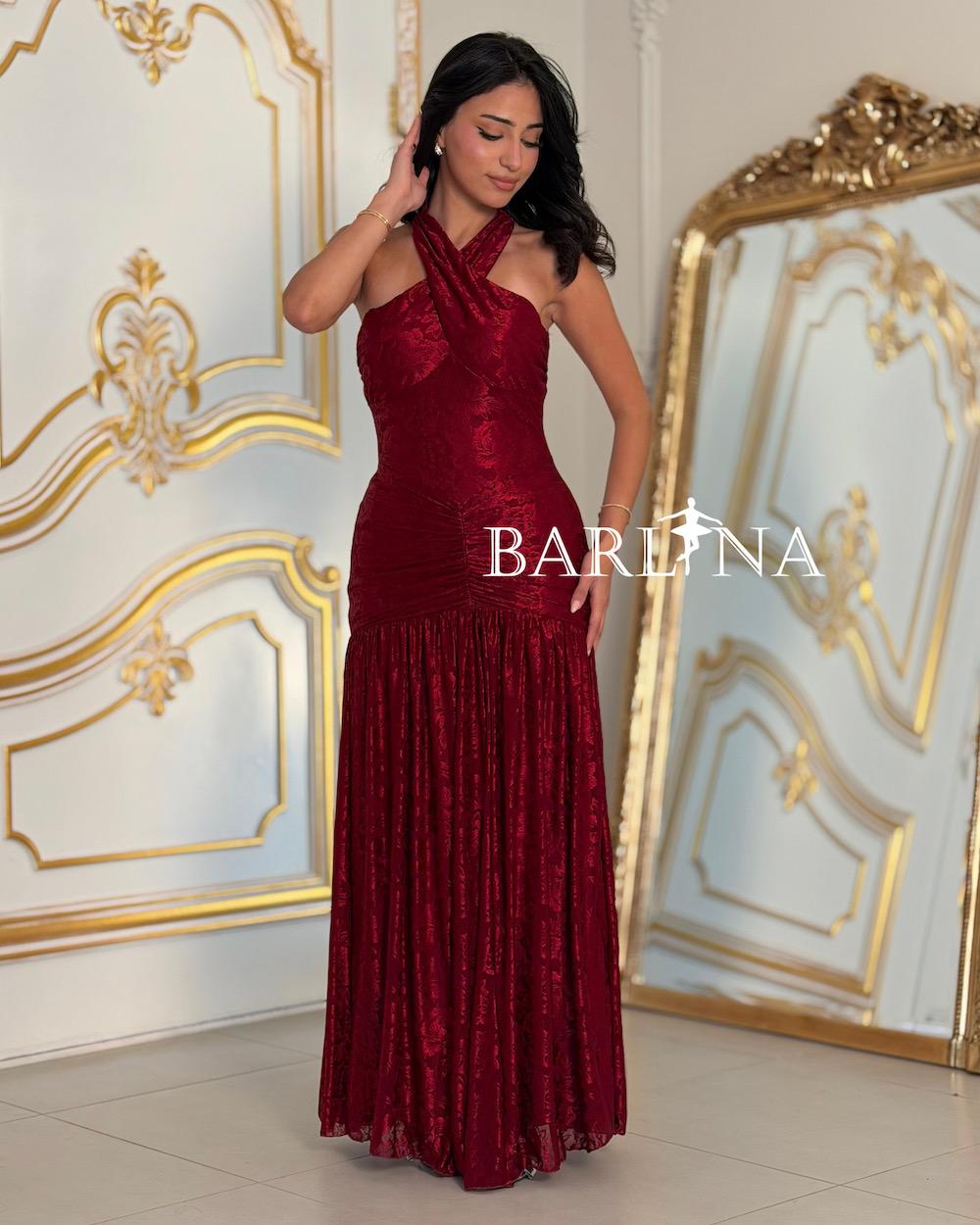 Halter neck evening dress with patterned fabric