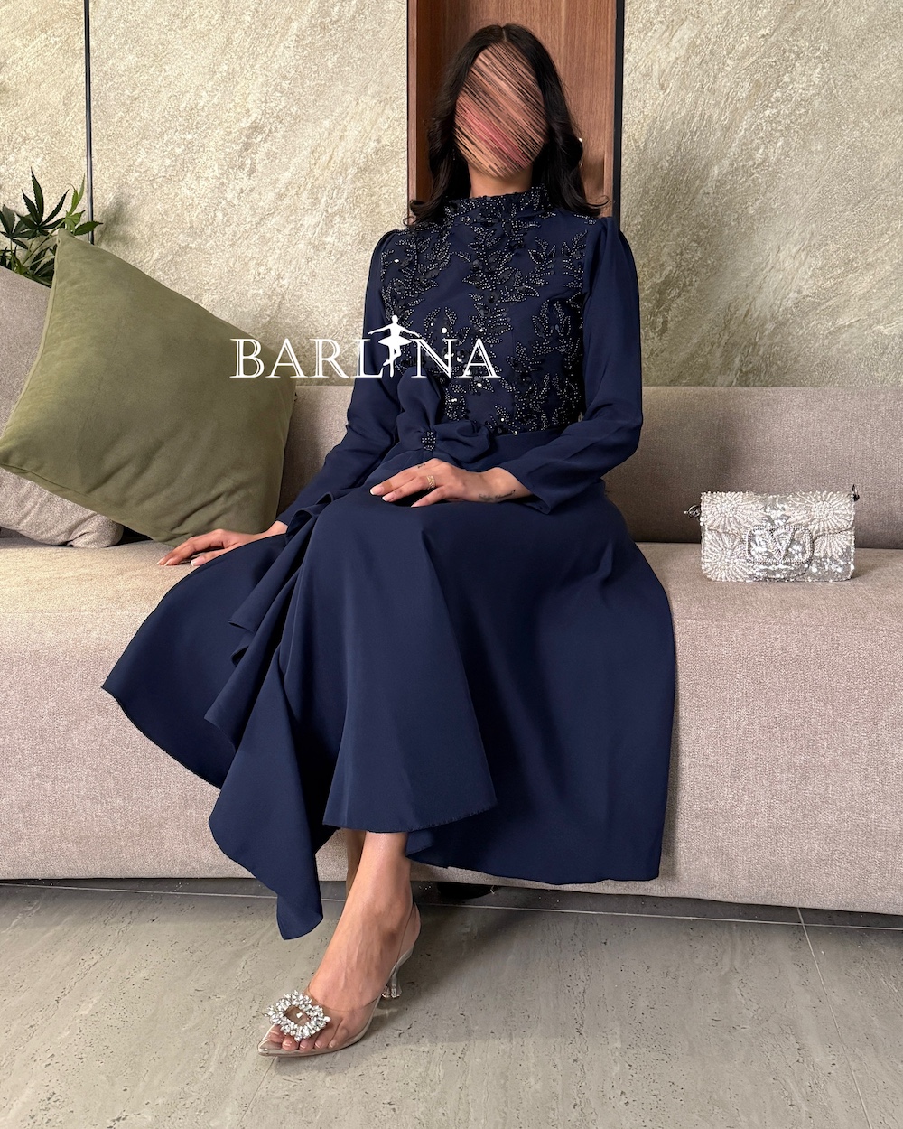 Dark navy midi dress with wavy details