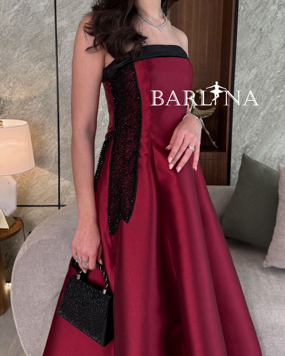 Burgundy evening dress with black lace