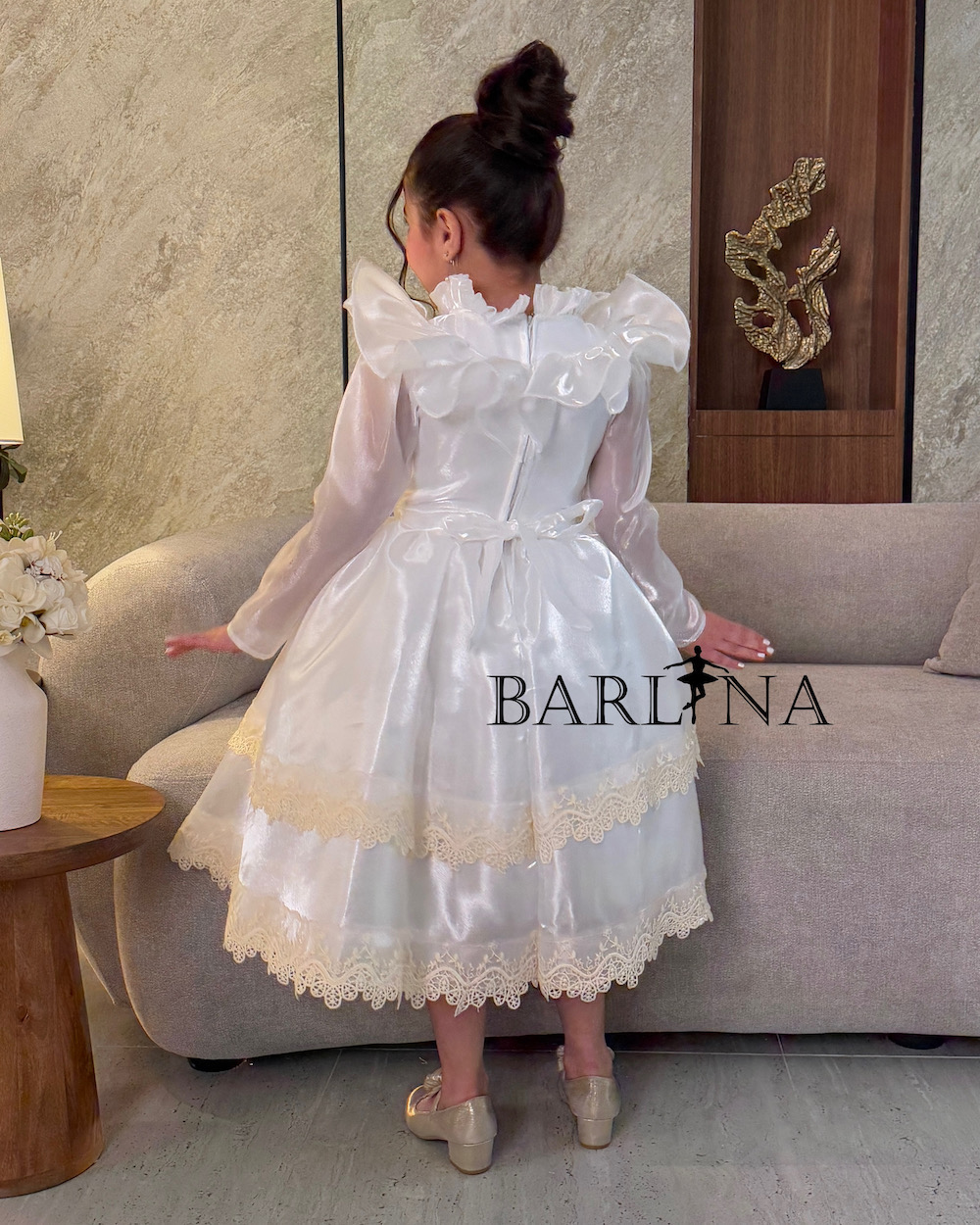 Girls white ruffle dress with lace embroidery