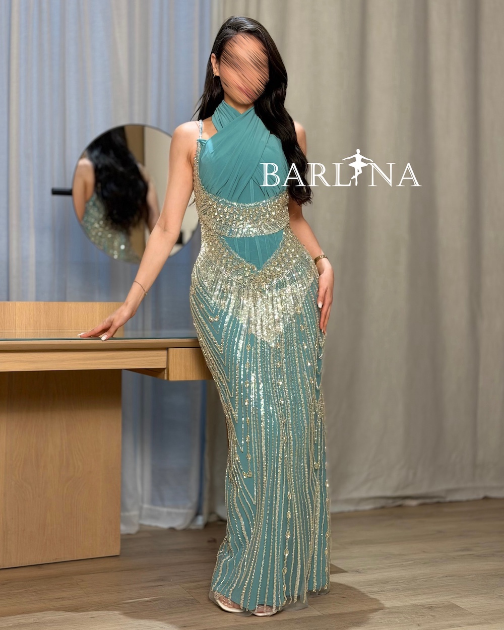 sachin and babi light blue dress Sparkly Beaded Turquoise Prom Dresses with Detachable Overskirt – Rosymae main image 1