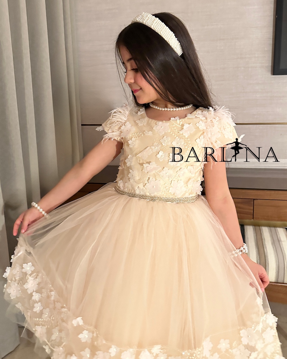 Girls beige dress with tulle layer decorated with flowers