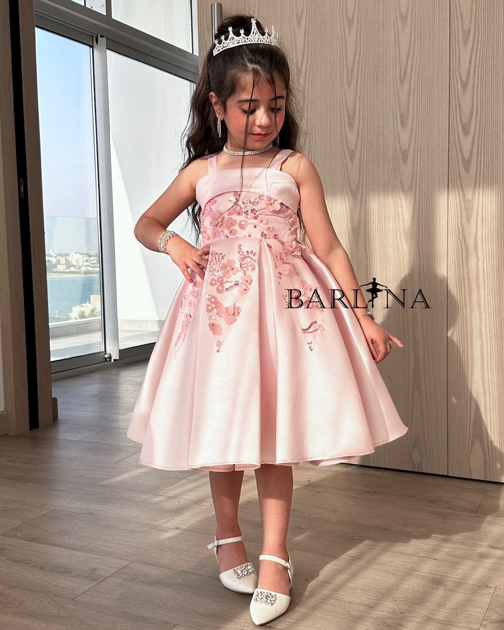 Girls Pink Mikado Short Evening Dress