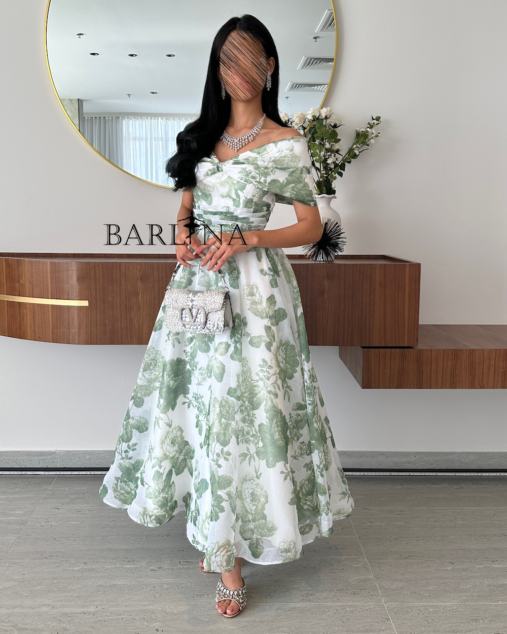 green emerald velvet dress Green Floral Short Sleeve Midi Dress - All Dresses main image 0