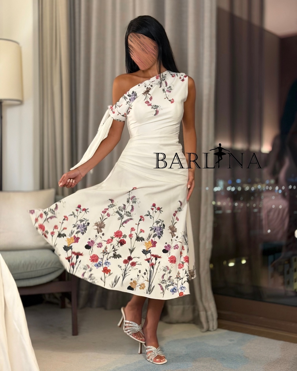 feminine white floral one-shoulder dress