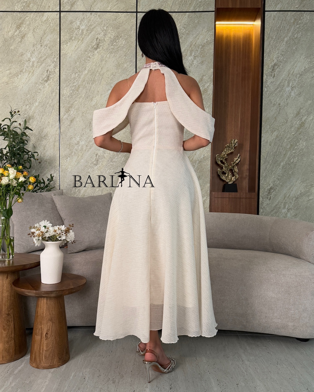 Beige halter neck dress with crystal embroidery