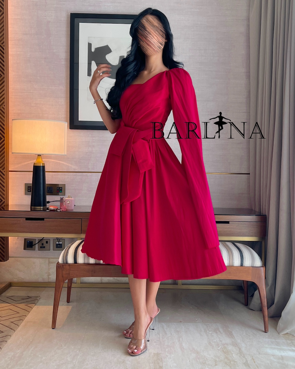 Soft red midi dress with one shoulder long
