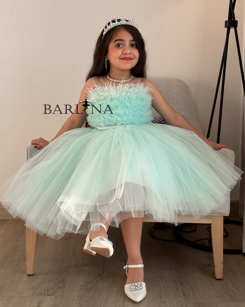 Girls Mint Green Tulle Dress with Feathers