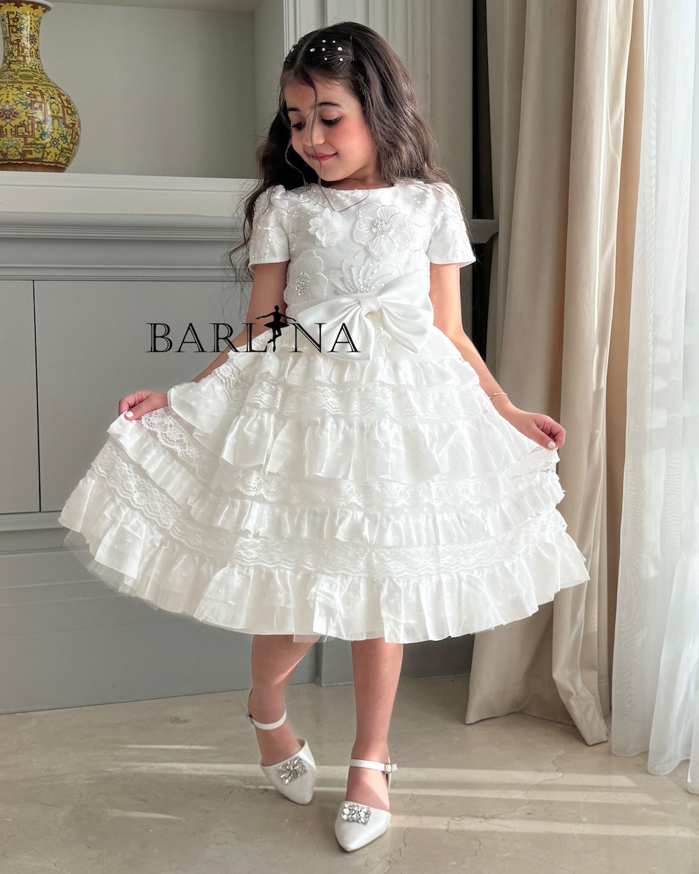 Girls white lace layered dress
