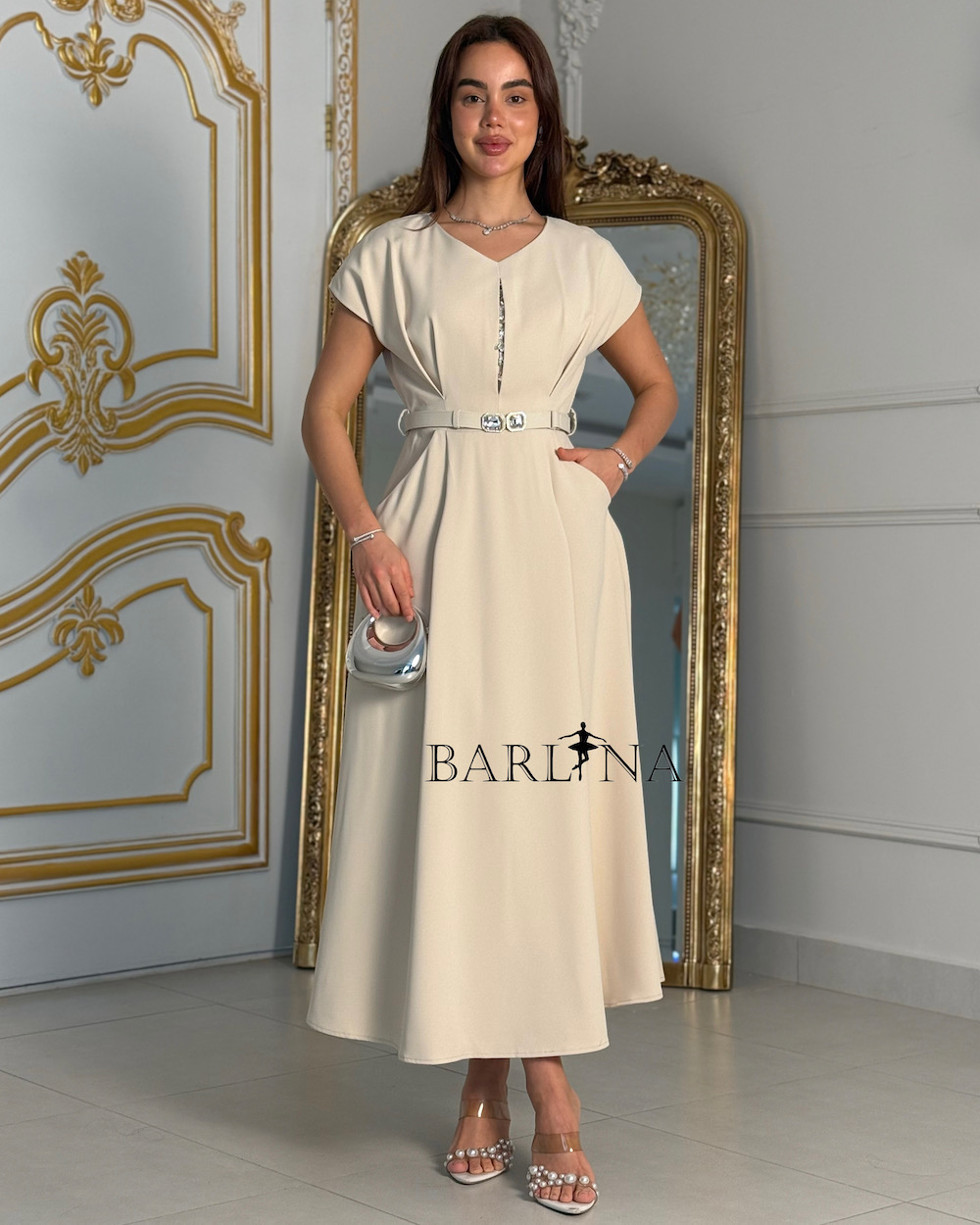 green emerald velvet dress Rosee de Matin Taffeta A-Line Midi Dress in Beige