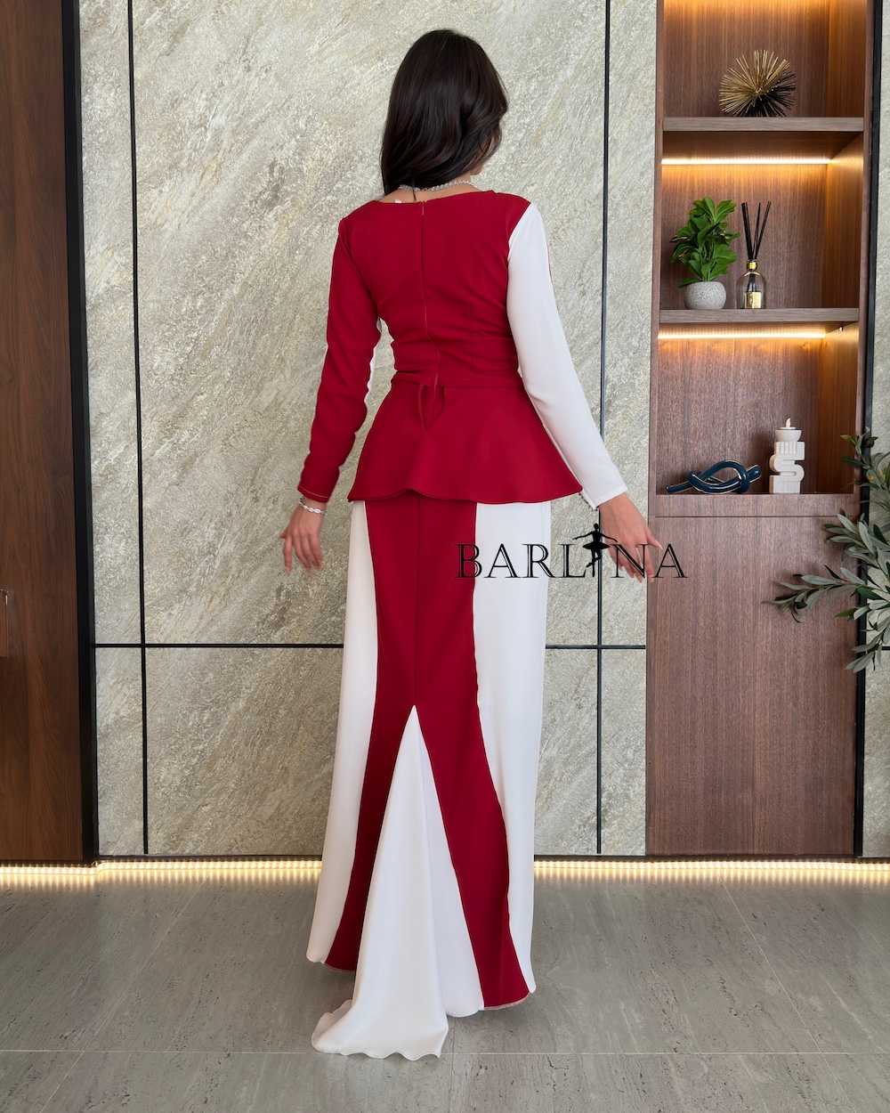 Long white dress with burgundy vertical stripes