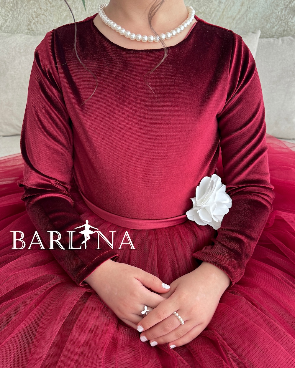 Girls' Burgundy Velvet Long Sleeve Dress