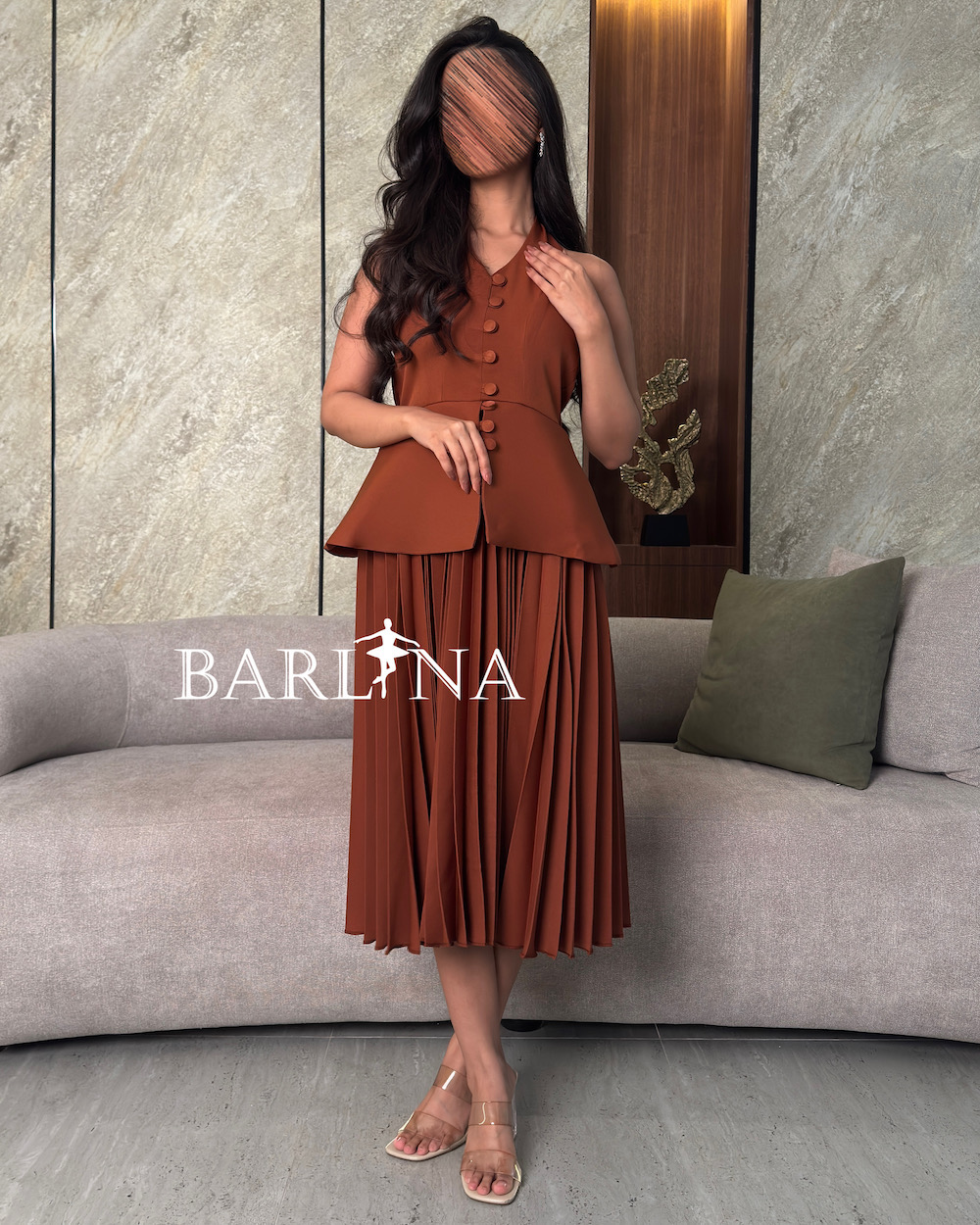 Light brown pleated sleeveless blazer dress