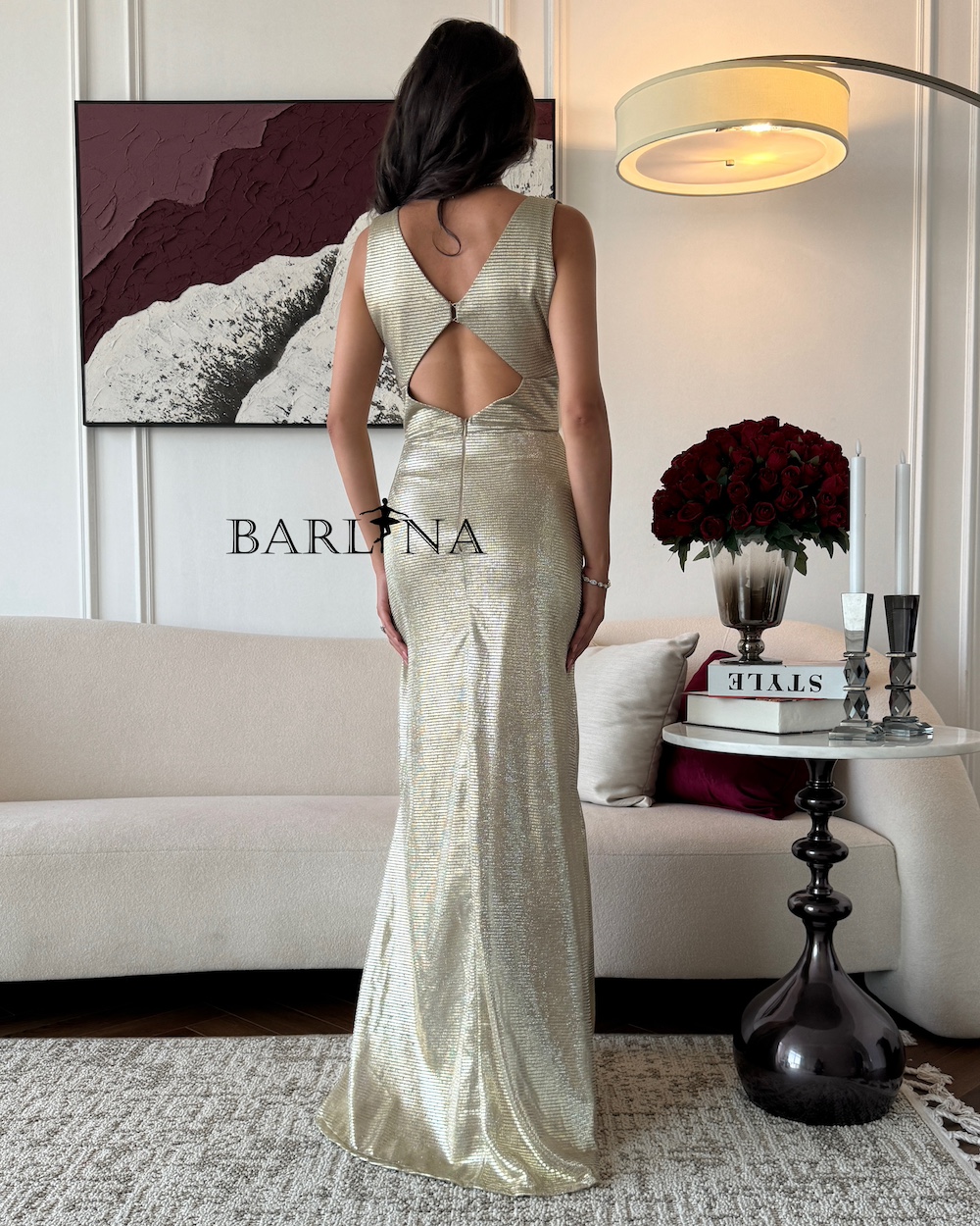 Gold Shiny Maxi Dress with Open Back
