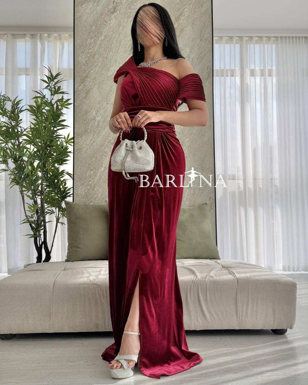 Elegant dark red velvet dress with side slit