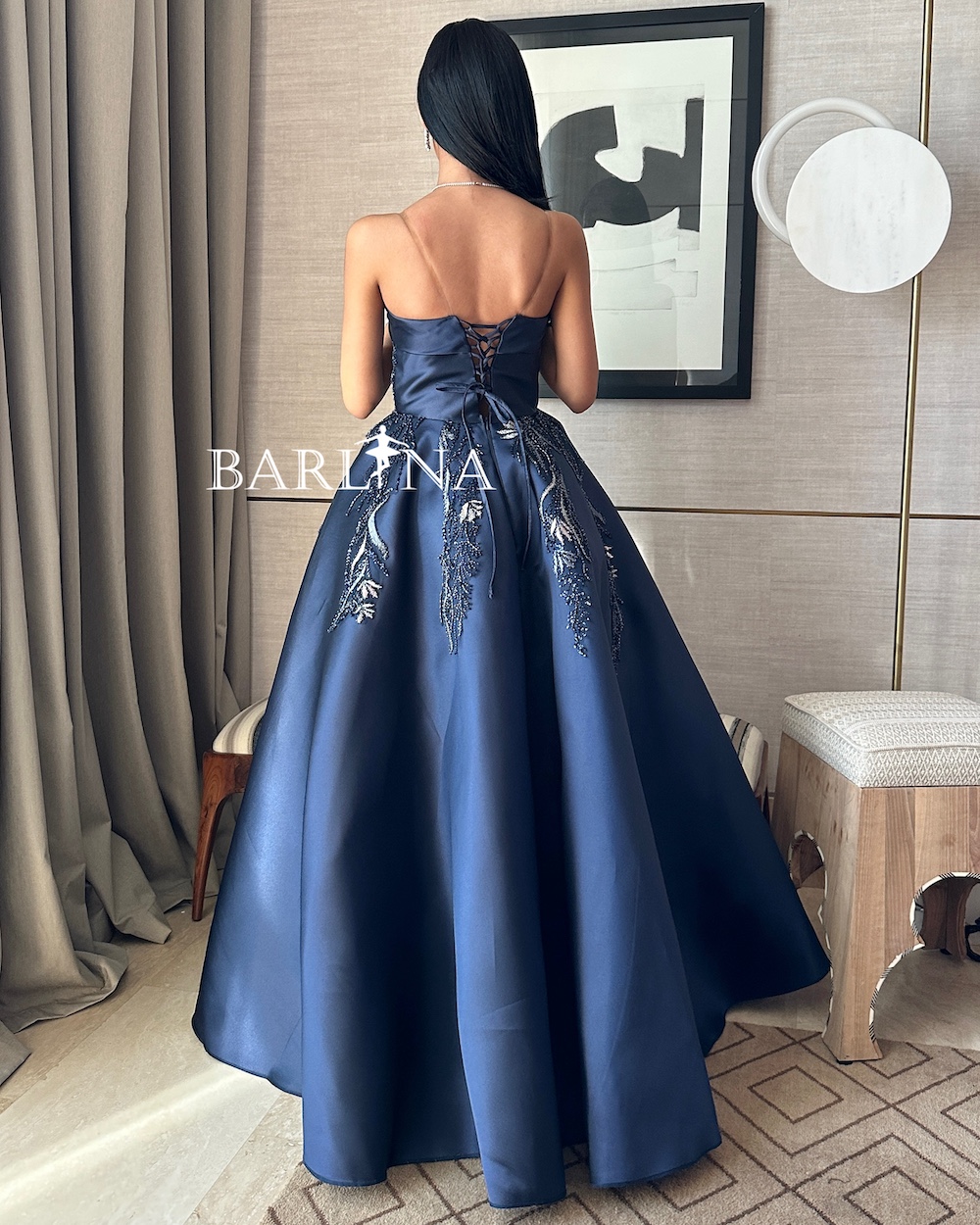 Navy blue embroidered dress with straight neckline