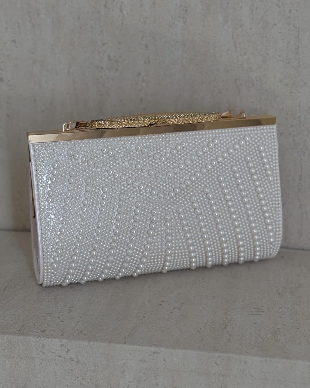 Pearl evening clutch bag with a geometric design