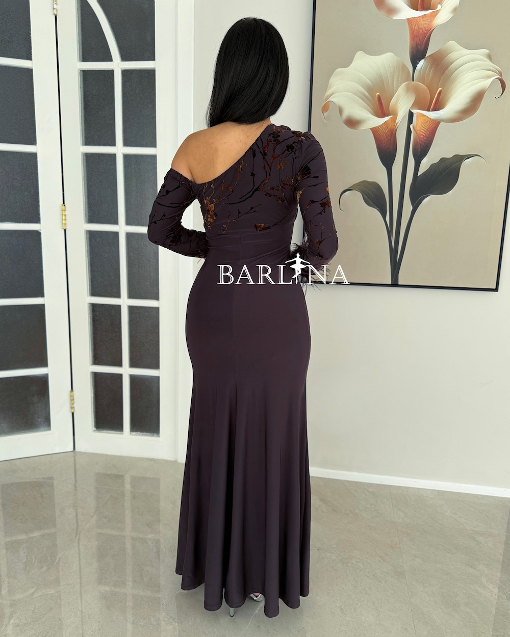 Soft dark brown dress with elegant side draping