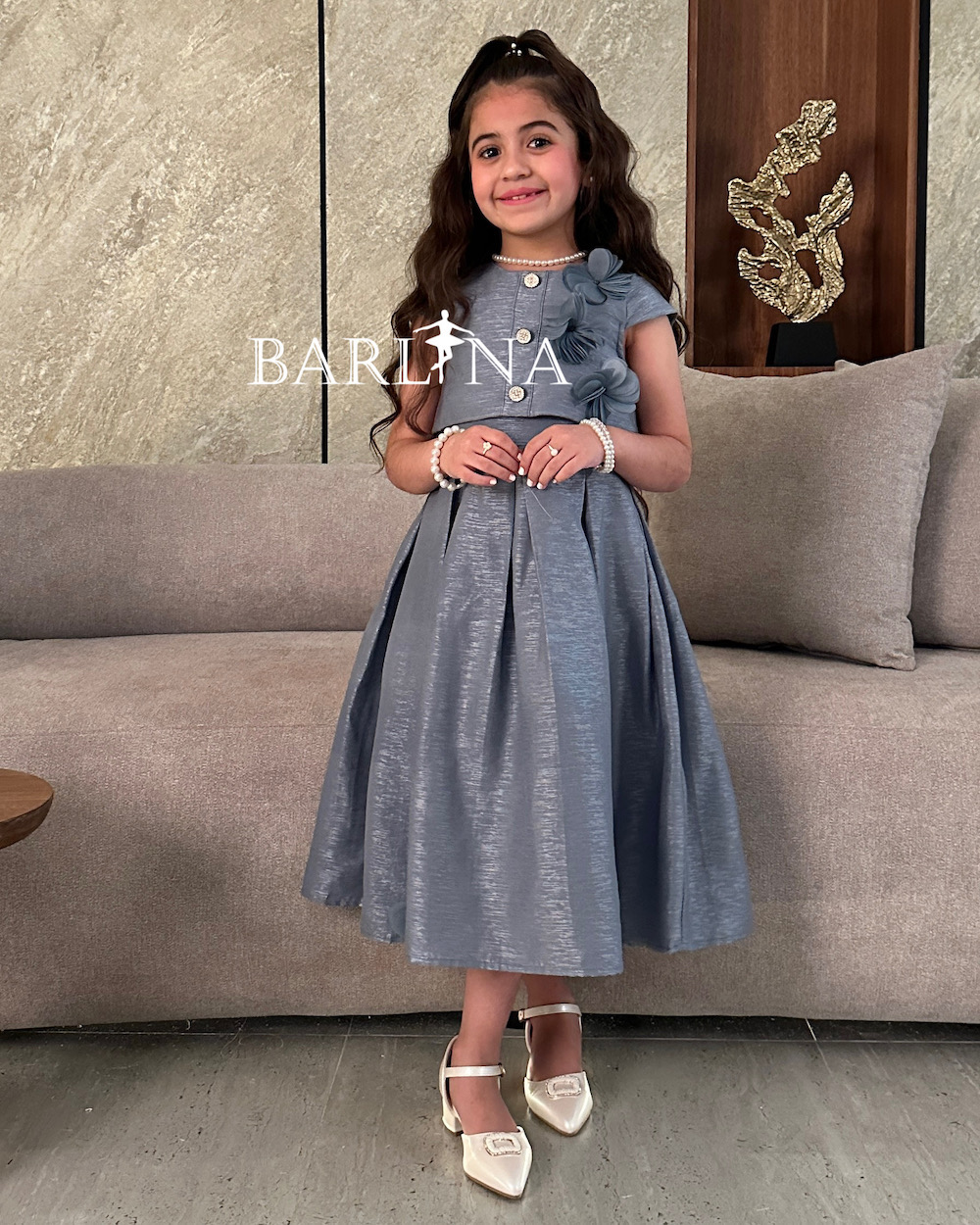 Girls grey dress with shiny buttons and flowers