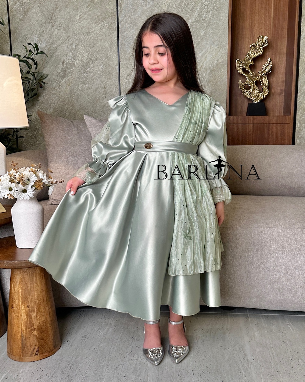 Girls light green dress with embellished shawl
