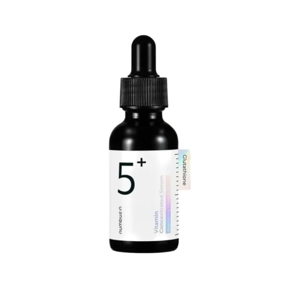 A black glass bottle with a dropper cap labeled '5+'