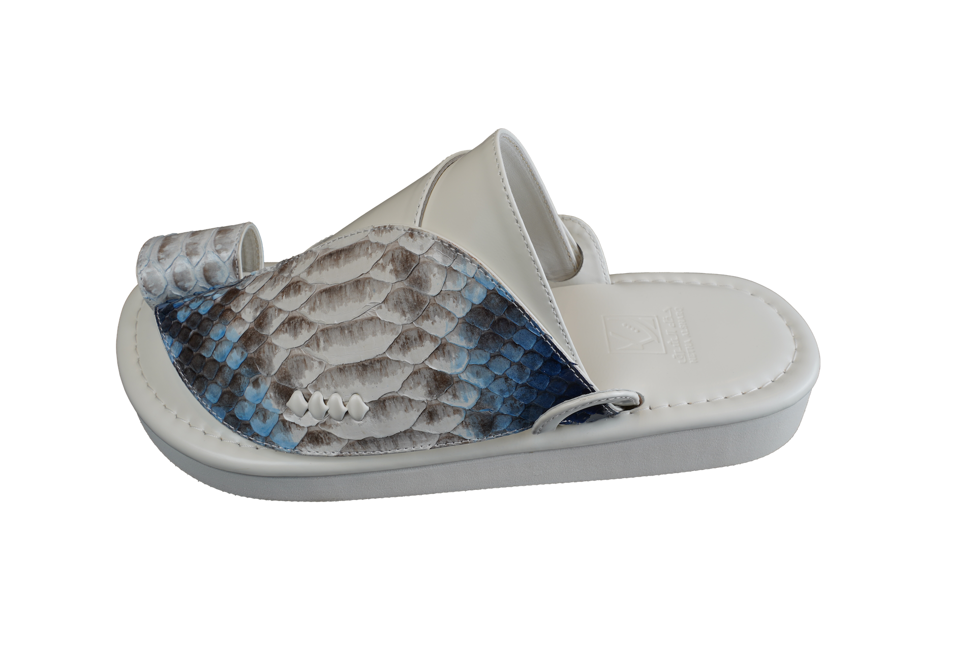 Men’s eastern shoes made of genuine blue wave snake leather with white sole.