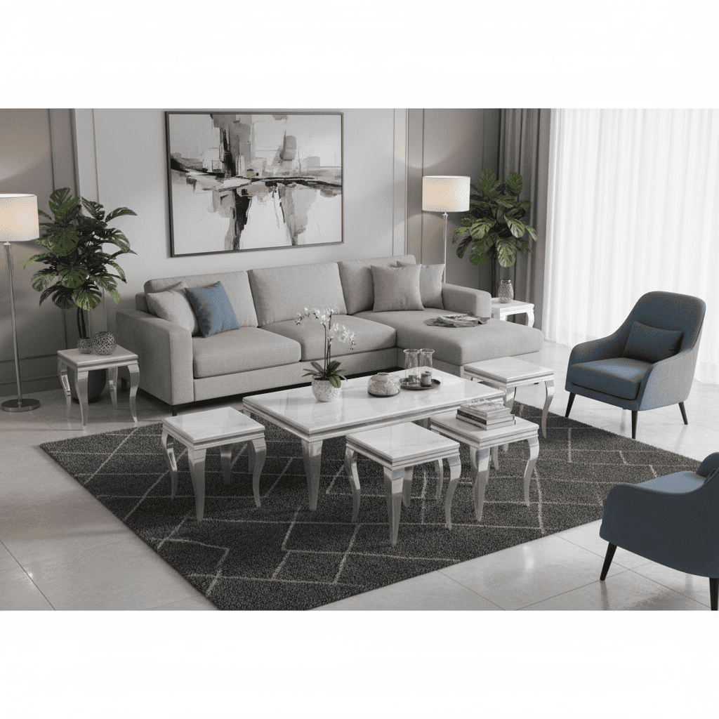 طقم طاولات قهوة مودرن فضي