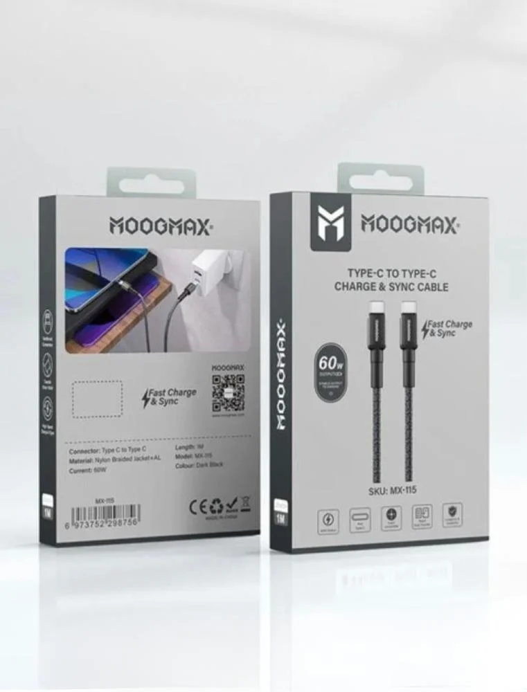  سلك شاحن قماش تايب سي إلى تايب سي-60 واط-موج ماكس- أسود MX-110 
