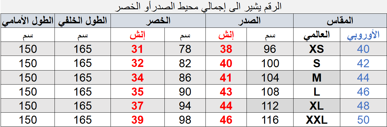 جدول المقاسات المفصل b2022