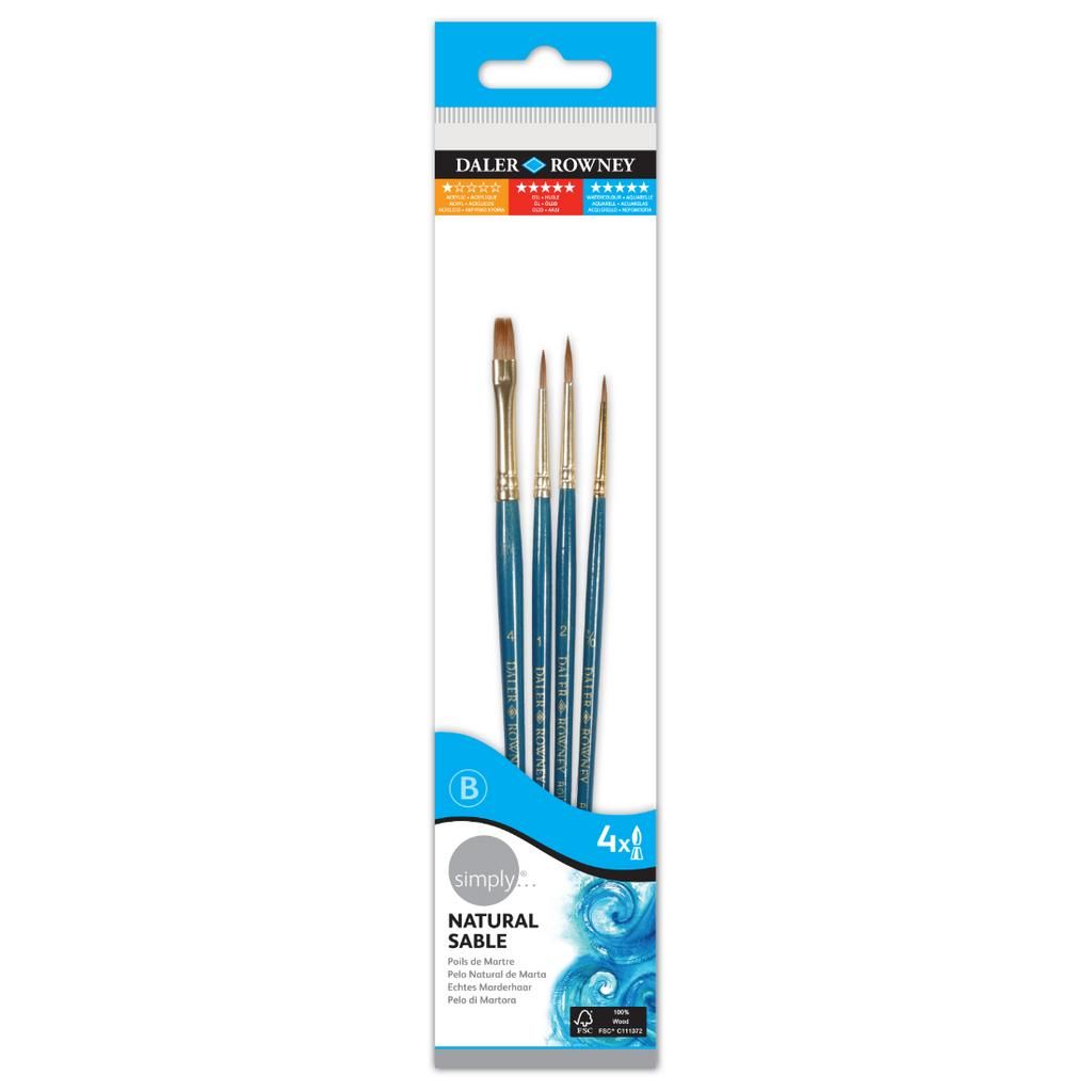 Daler Rowney Simply Camel Hair Short Handle Watercolour Brush Set 401 (4 Brushes)