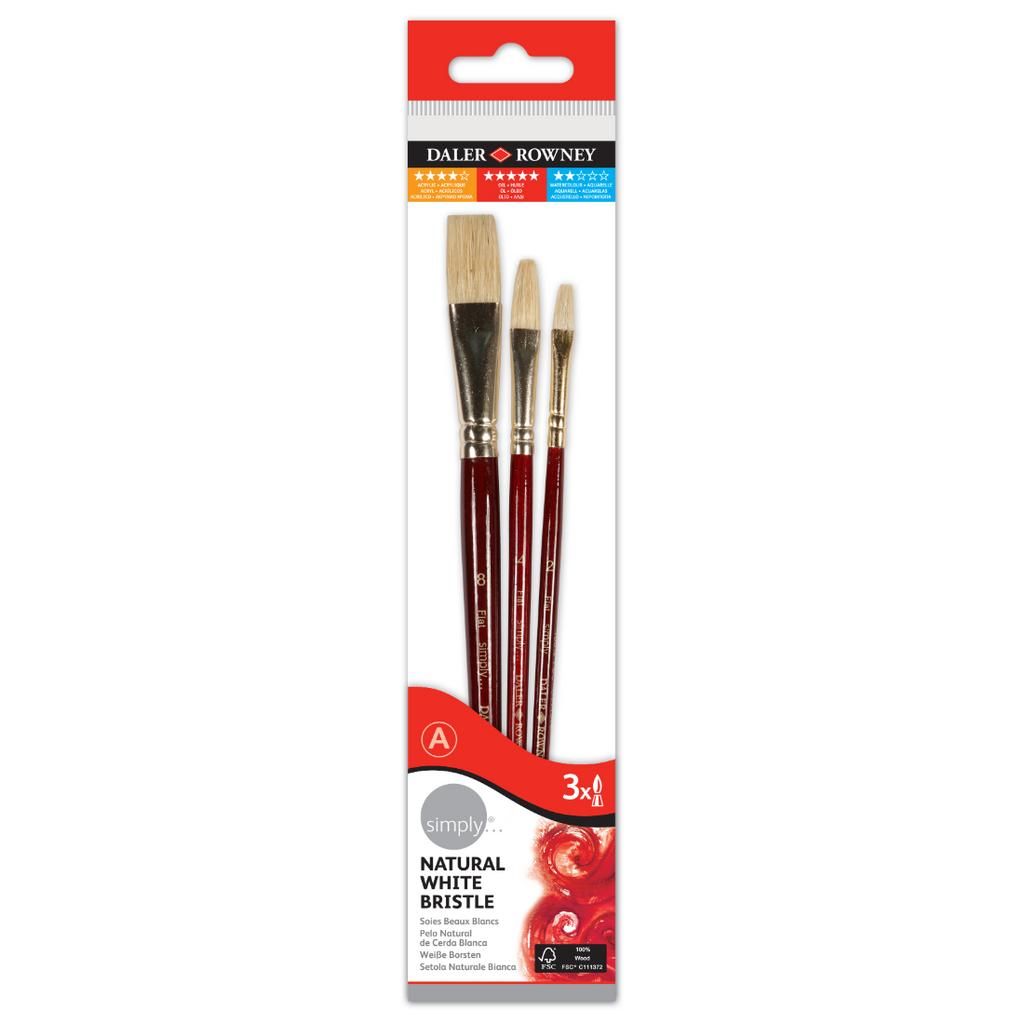 Daler Rowney Simply Oil Brush Natural White Bristle Short Handle Set 300 (3x Brushes)