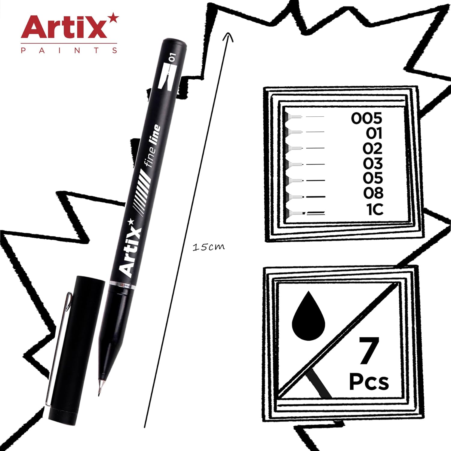 Artix Fine Line Calligraphy Markers  – 7 Black sizes