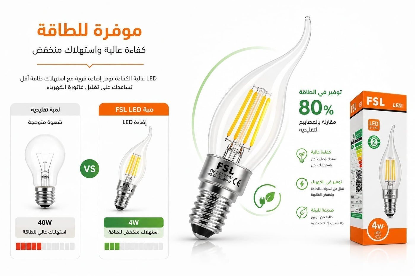 لمبة LED شكل شمعة 4 واط قاعدة E14 – إضاءة دافئة 2700K موفرة للطاقة – ل