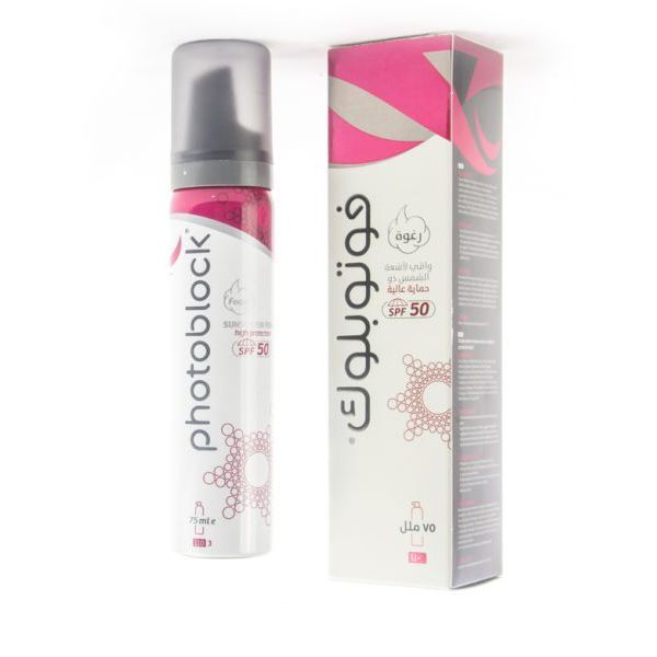 عبوة Photoblock Foam SPF 50، واقي شمس رغوي مخصص للبشرة الحساسة.